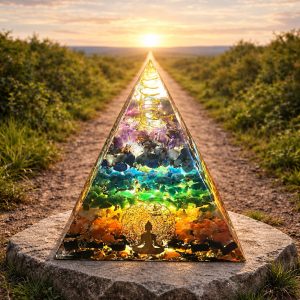 yramide 7 chakras réelle mise en scène dans un environnement généré par IA.