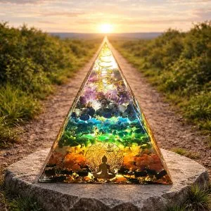 yramide 7 chakras réelle mise en scène dans un environnement généré par IA.
