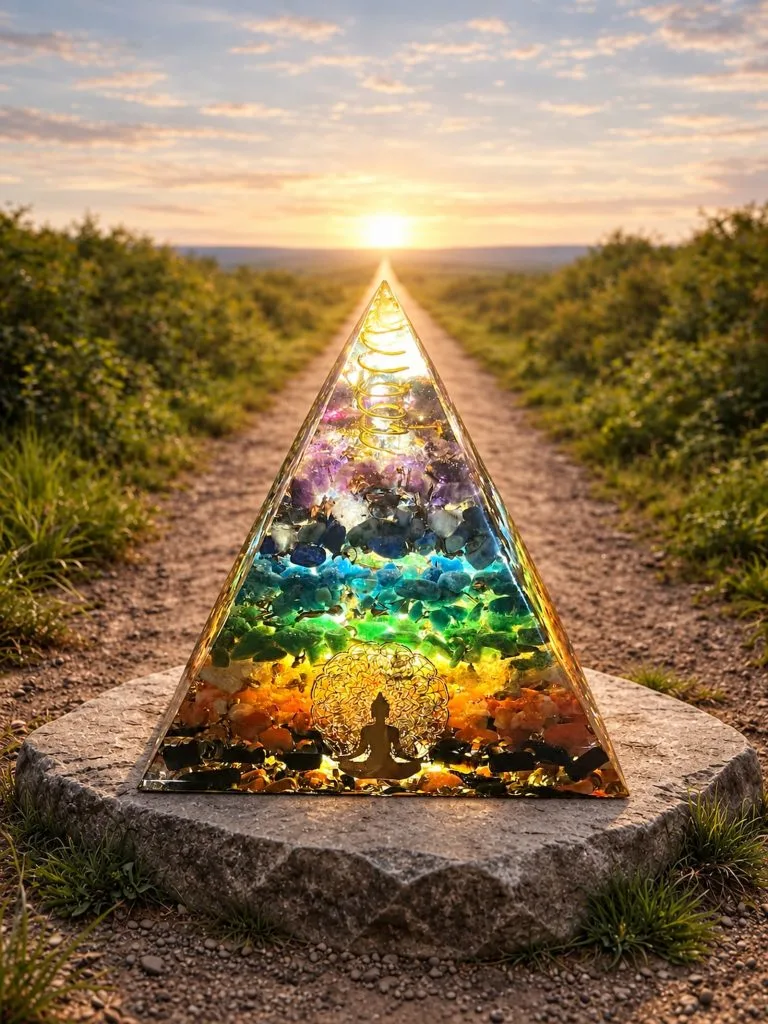 yramide 7 chakras réelle mise en scène dans un environnement généré par IA.