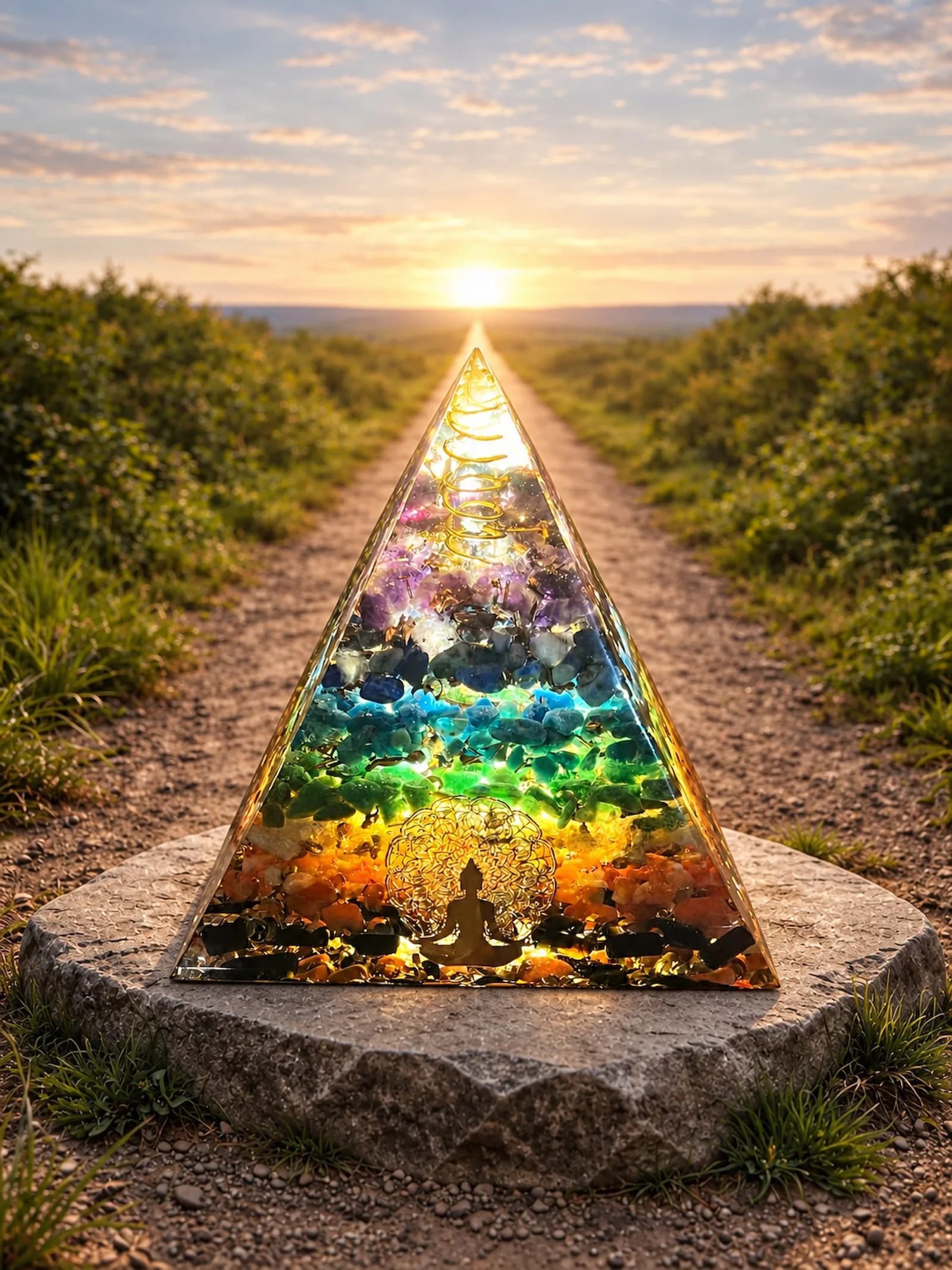 yramide 7 chakras réelle mise en scène dans un environnement généré par IA.