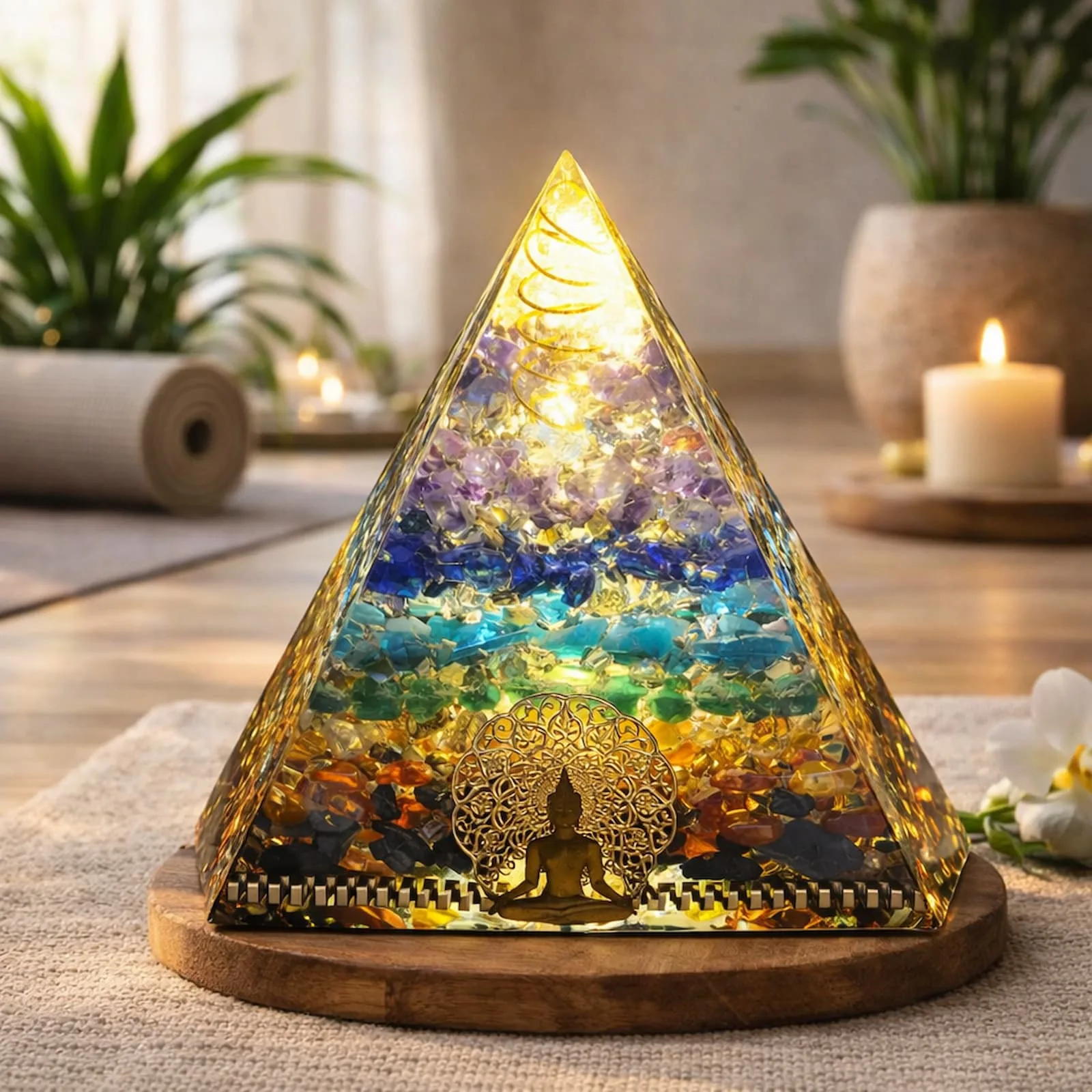 Pyramide 7 Chakras réelle mise en scène dans un environnement intérieur généré par IA.