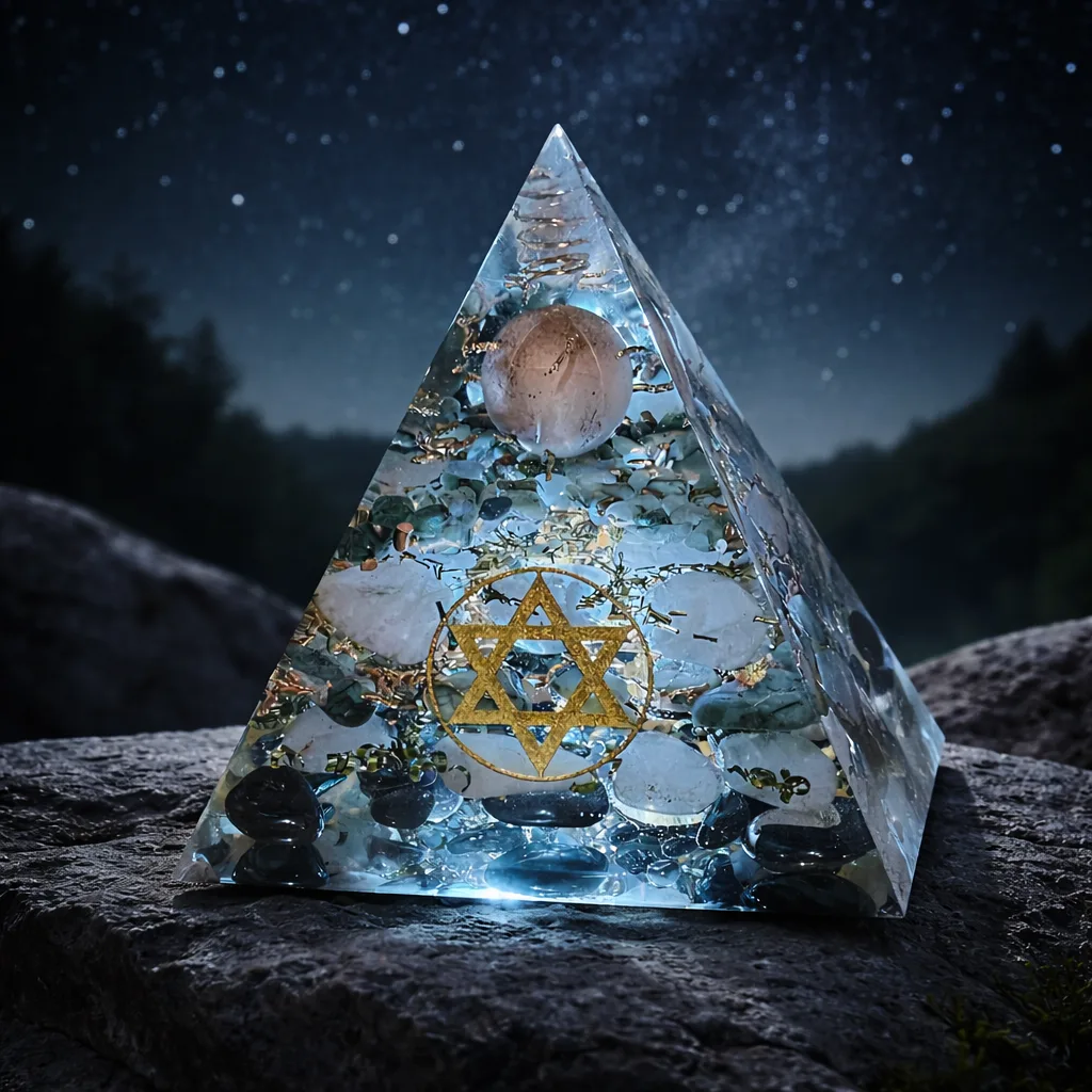 Pyramide Incarnation réelle mise en scène dans un environnement généré par IA.