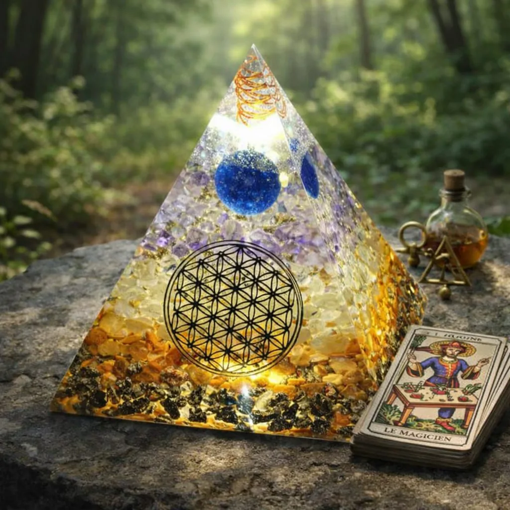 Pyramide orgonite personnalisée décor extérieur