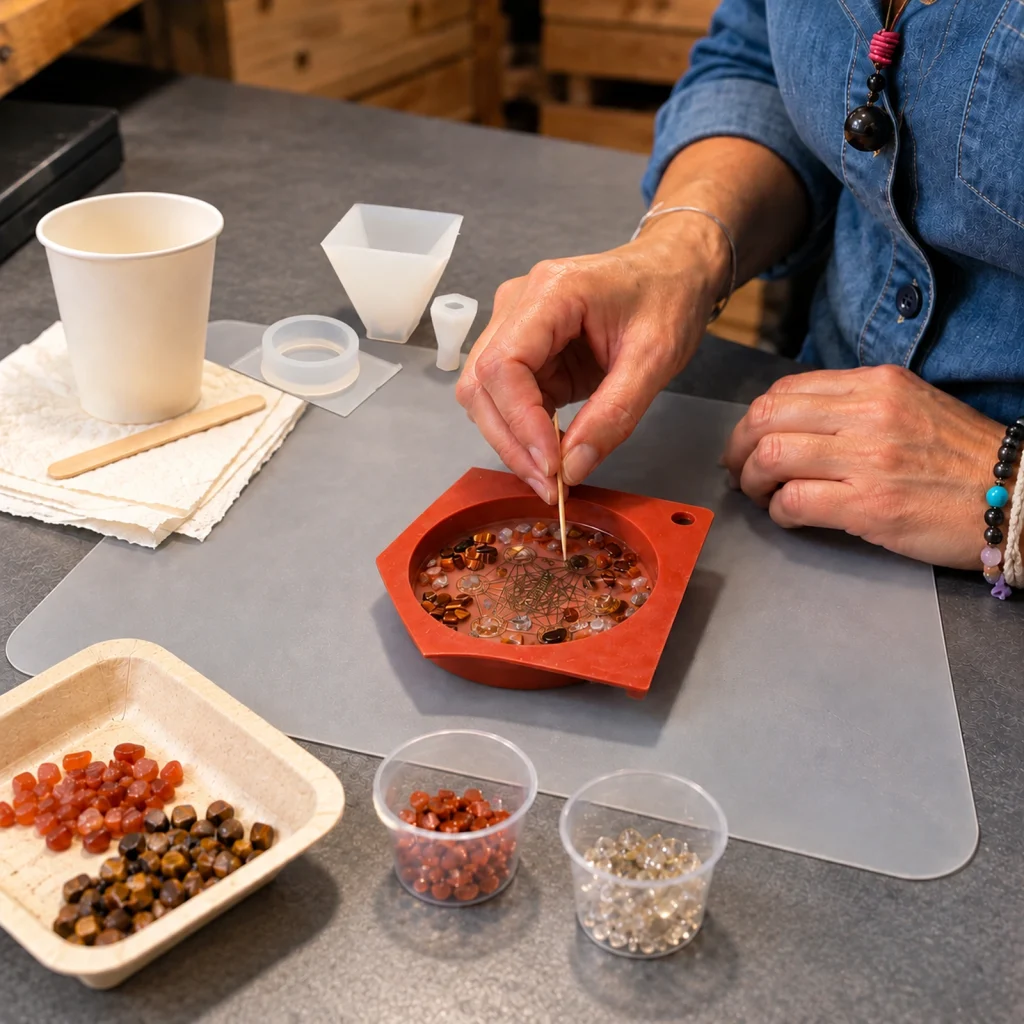 Atelier Initiation OrgoNath avec réalisation d’un plateau dynamisant en orgonite, mis en scène dans un environnement généré par IA.
