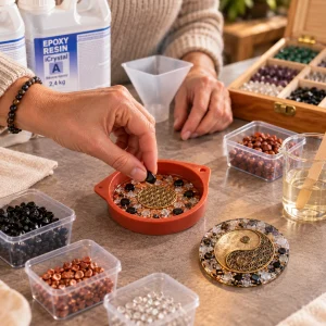 Atelier Initiation OrgoNath avec réalisation d’un plateau dynamisant en orgonite, mis en scène dans un environnement généré par IA.