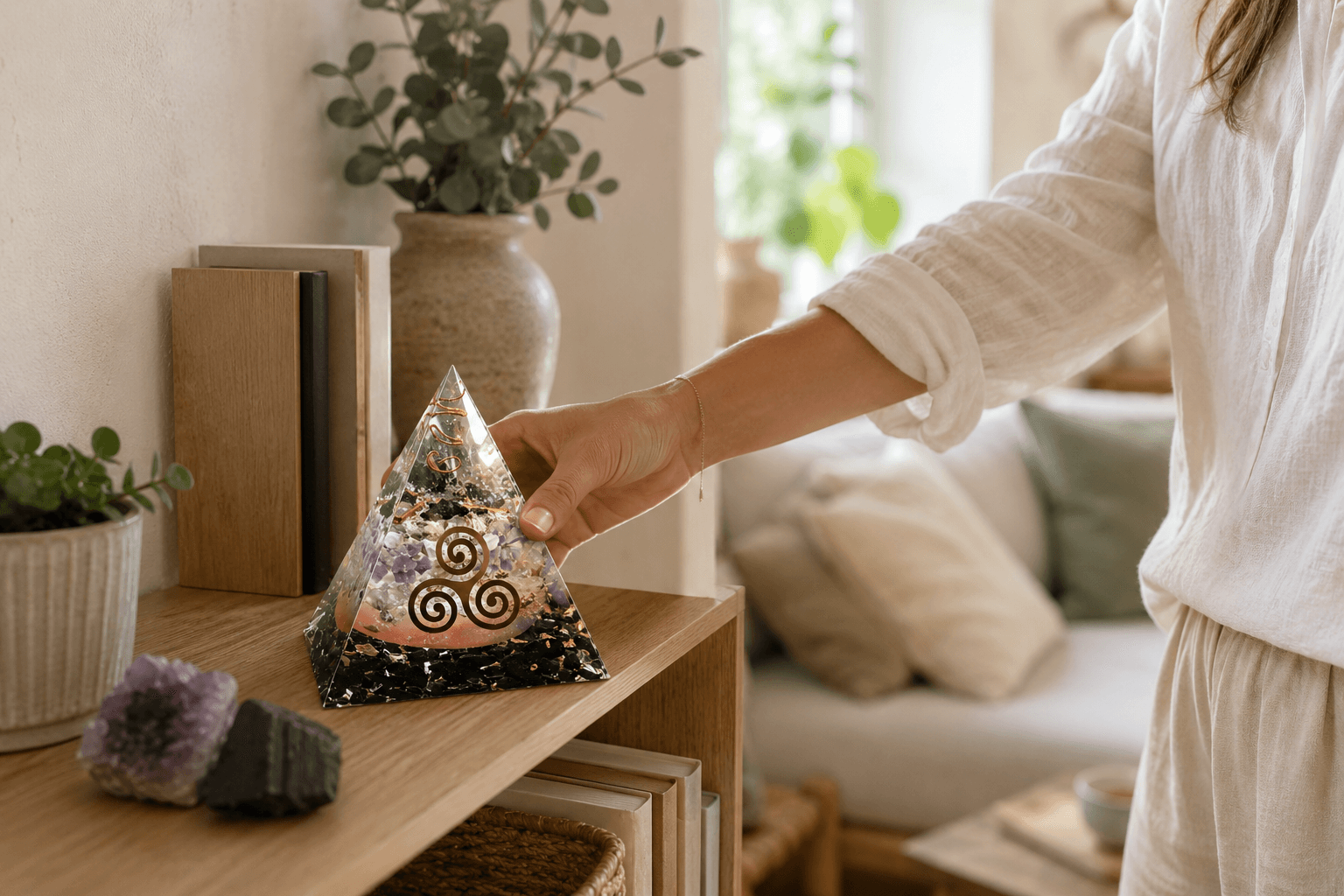 Rituel de protection énergétique de la maison avec orgonite et pierres naturelles dans une maison lumineuse