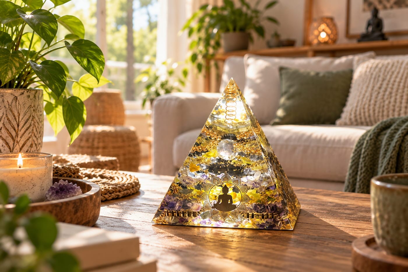 Orgonite placée dans une pièce de vie lumineuse, mise en scène chaleureuse et harmonieuse