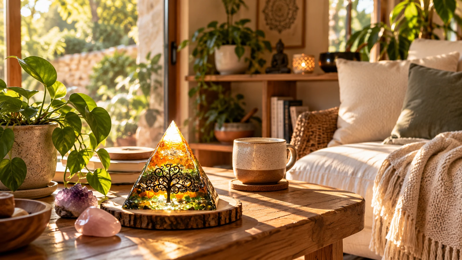 Pyramide orgonite intégrée naturellement dans un intérieur chaleureux et lumineux consacré au bien-être. Pyramide réelle dans décor généré par IA