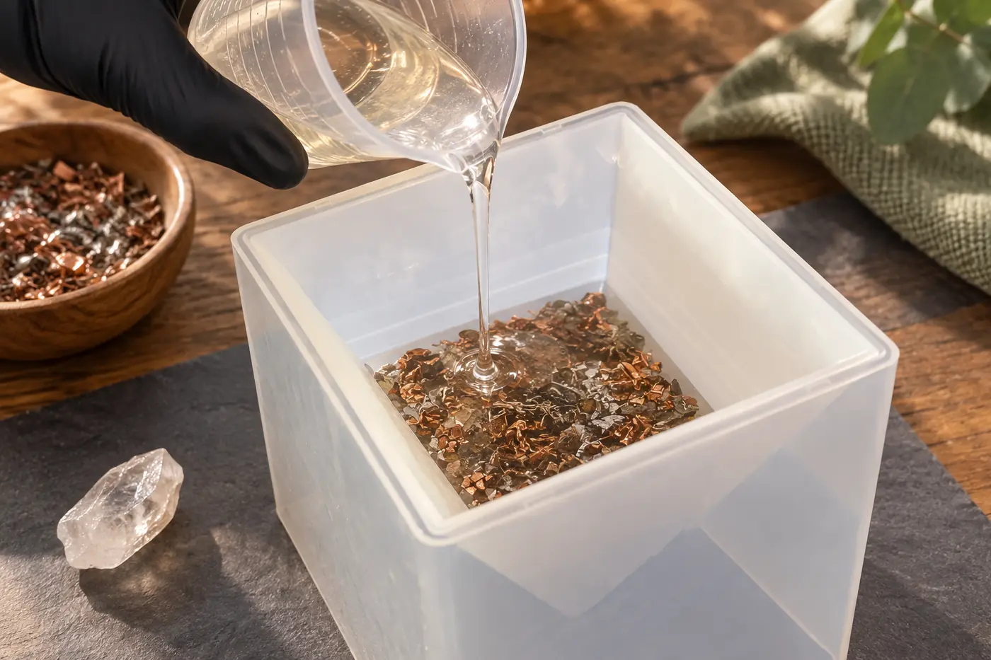 Création d'une orgonite moderne avec résine, métaux et quartz dans une ambiance artisanale