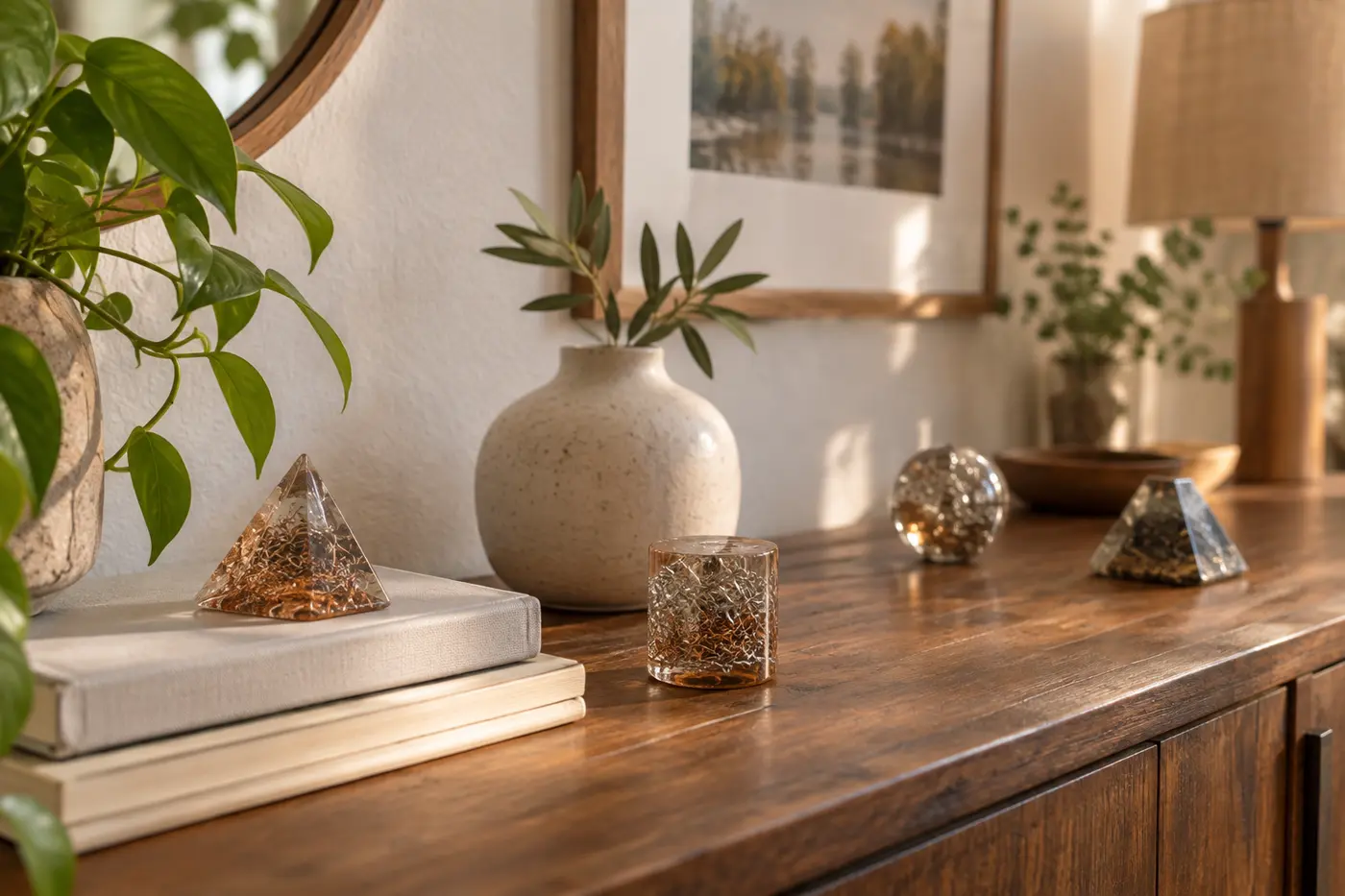 Collection d'orgonites artisanales en formes variées avec ambiance douce et spirituelle