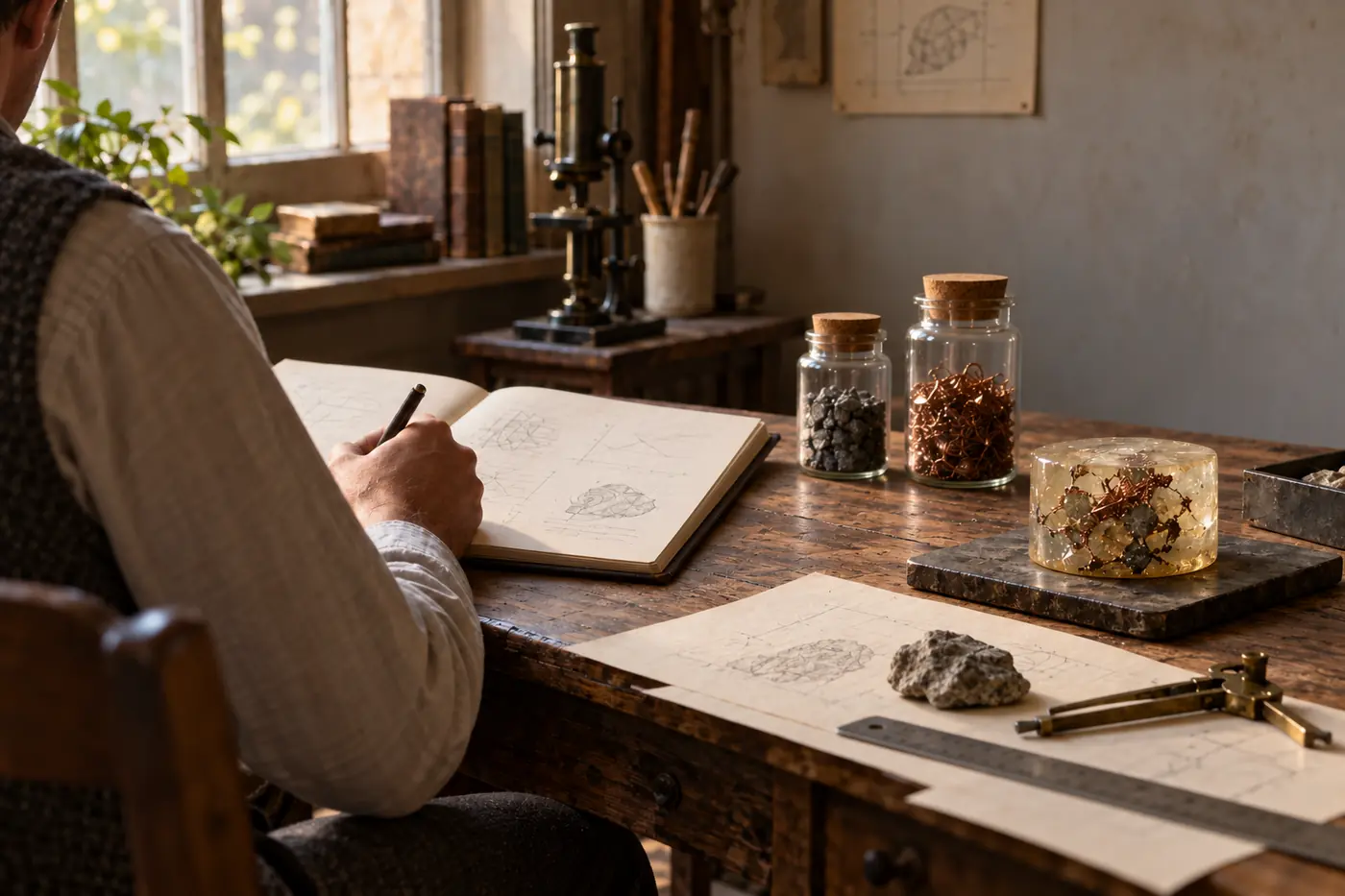 Illustration des origines de l'orgonite avec une ambiance historique et vibratoire