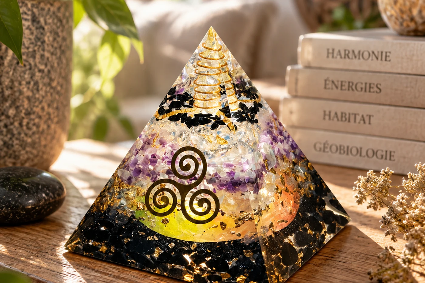 Pyramide orgonite avec pierres sombres et claires dans une pièce calme, inspiration géobiologie