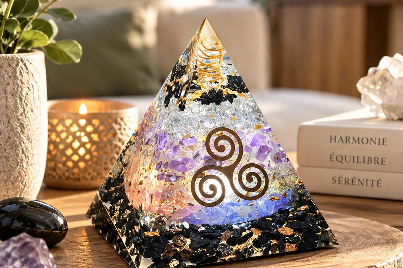 Pyramide orgonite aux tons violet, blanc et noir, ambiance protectrice et apaisante