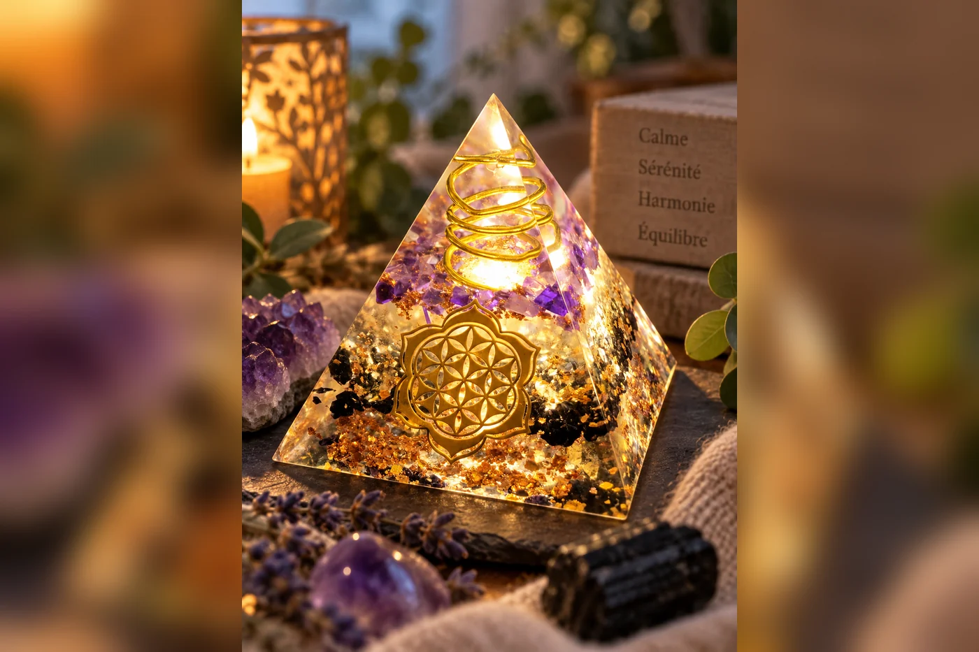 Pyramide orgonite avec améthyste et tourmaline noire dans un univers apaisant