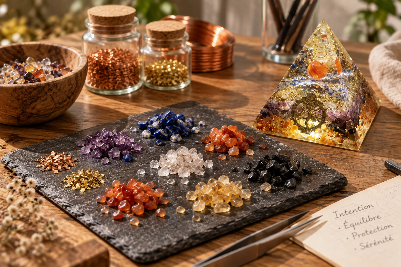 Orgonite réunissant plusieurs pierres complémentaires dans une même composition
