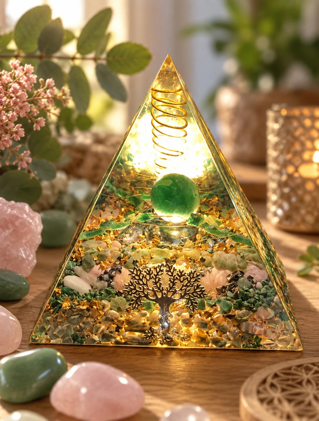 Pyramide orgonite aux couleurs vertes et rosées évoquant l’équilibre émotionnel