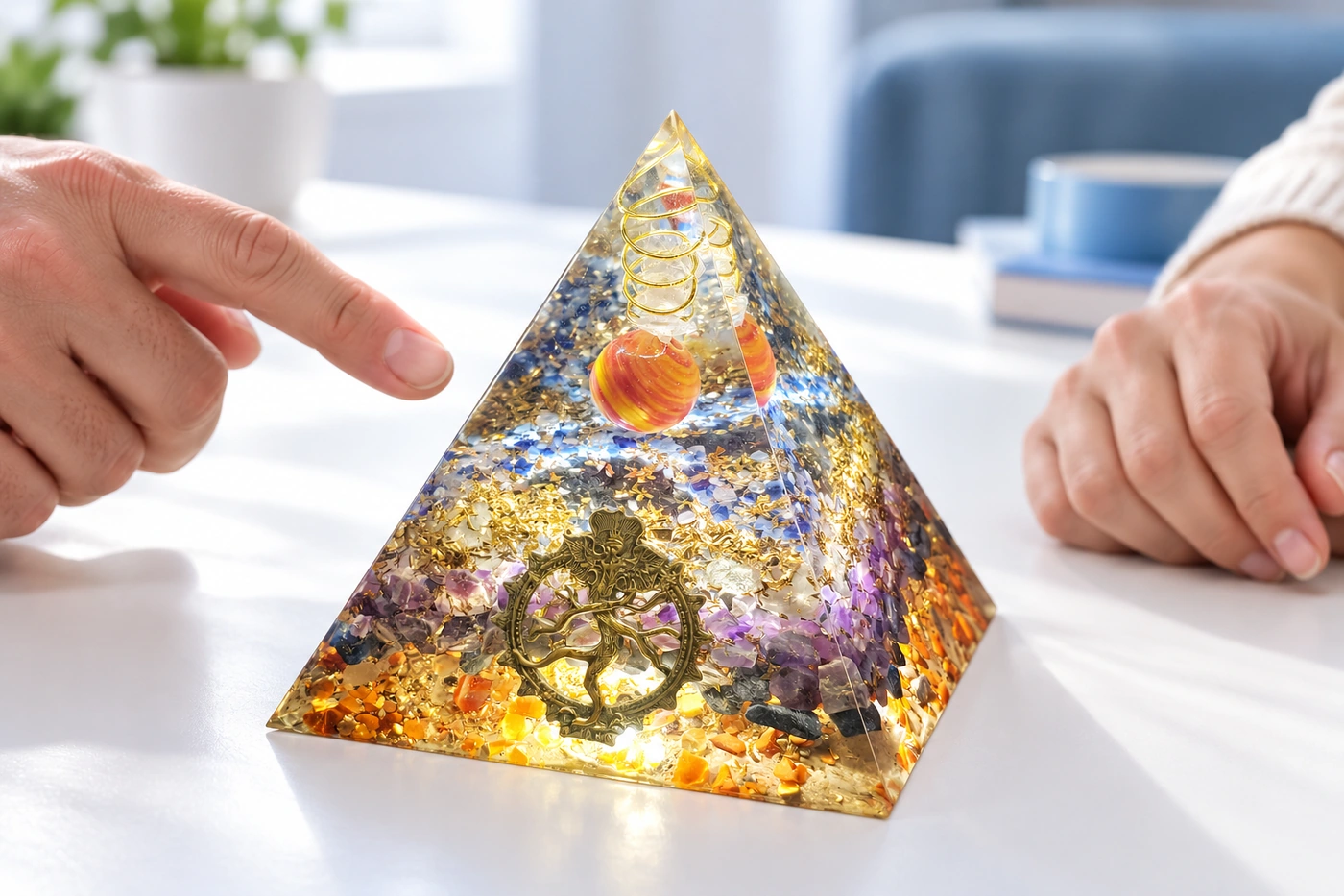 Pyramide orgonite personnalisée OrgoNath présentée avec des pierres et un symbole