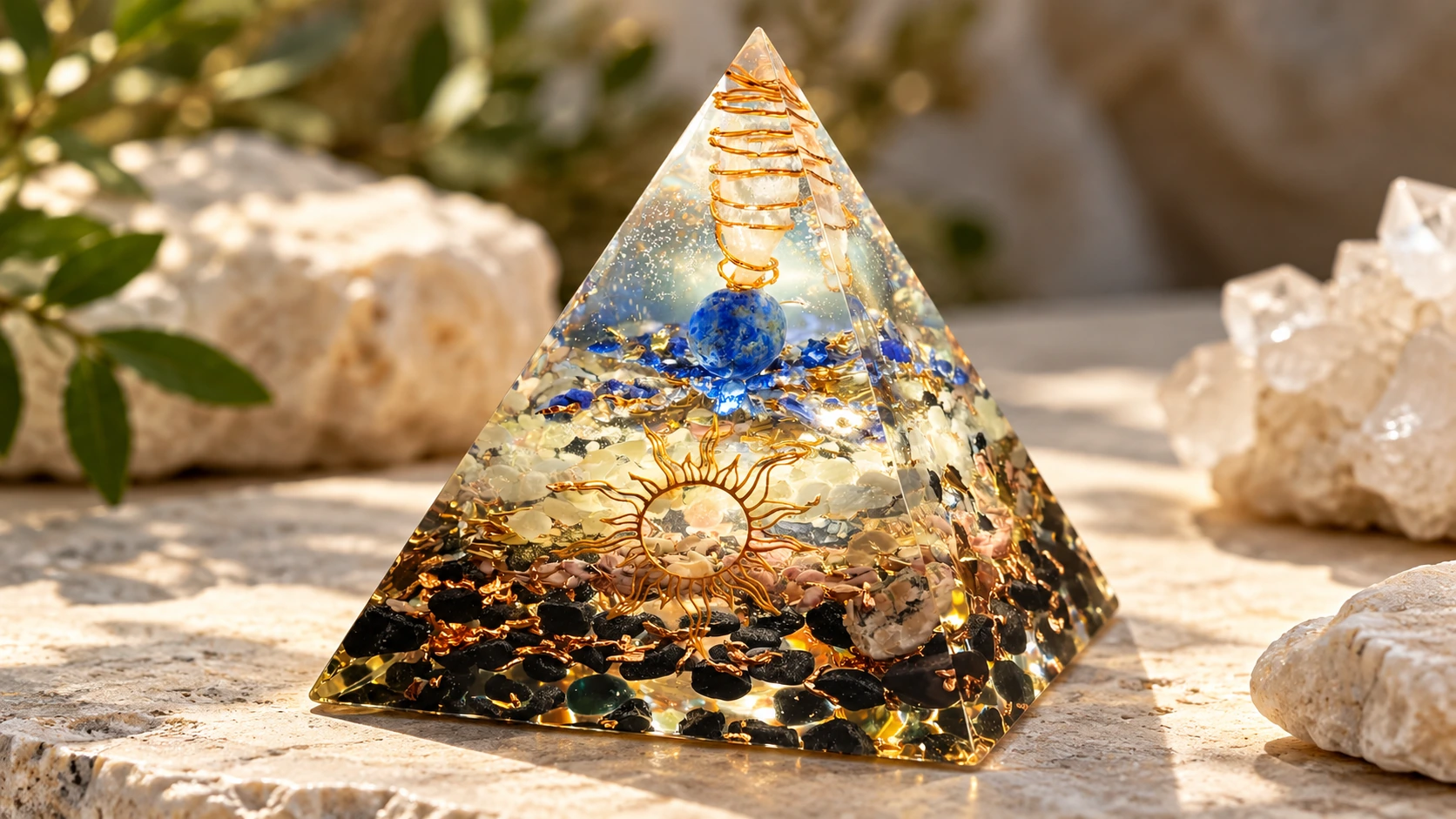 Pyramide orgonite artisanale dans un univers minéral naturel Pyramide réelle dans environnement généré par IA