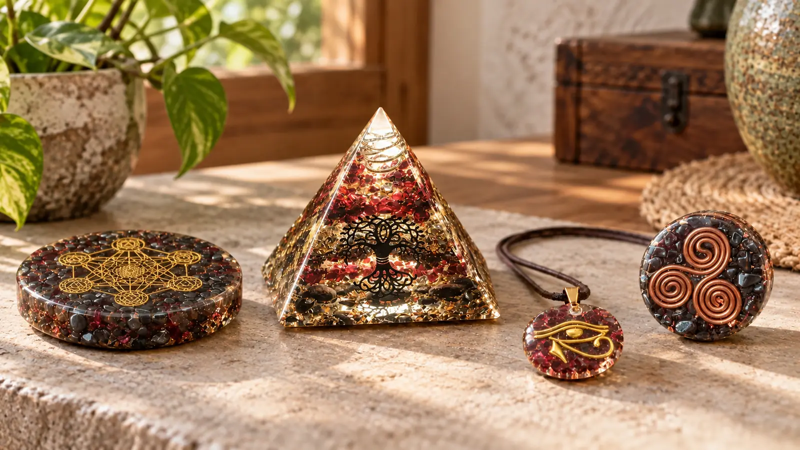 Différentes formes d’orgonites artisanales présentées dans une ambiance douce