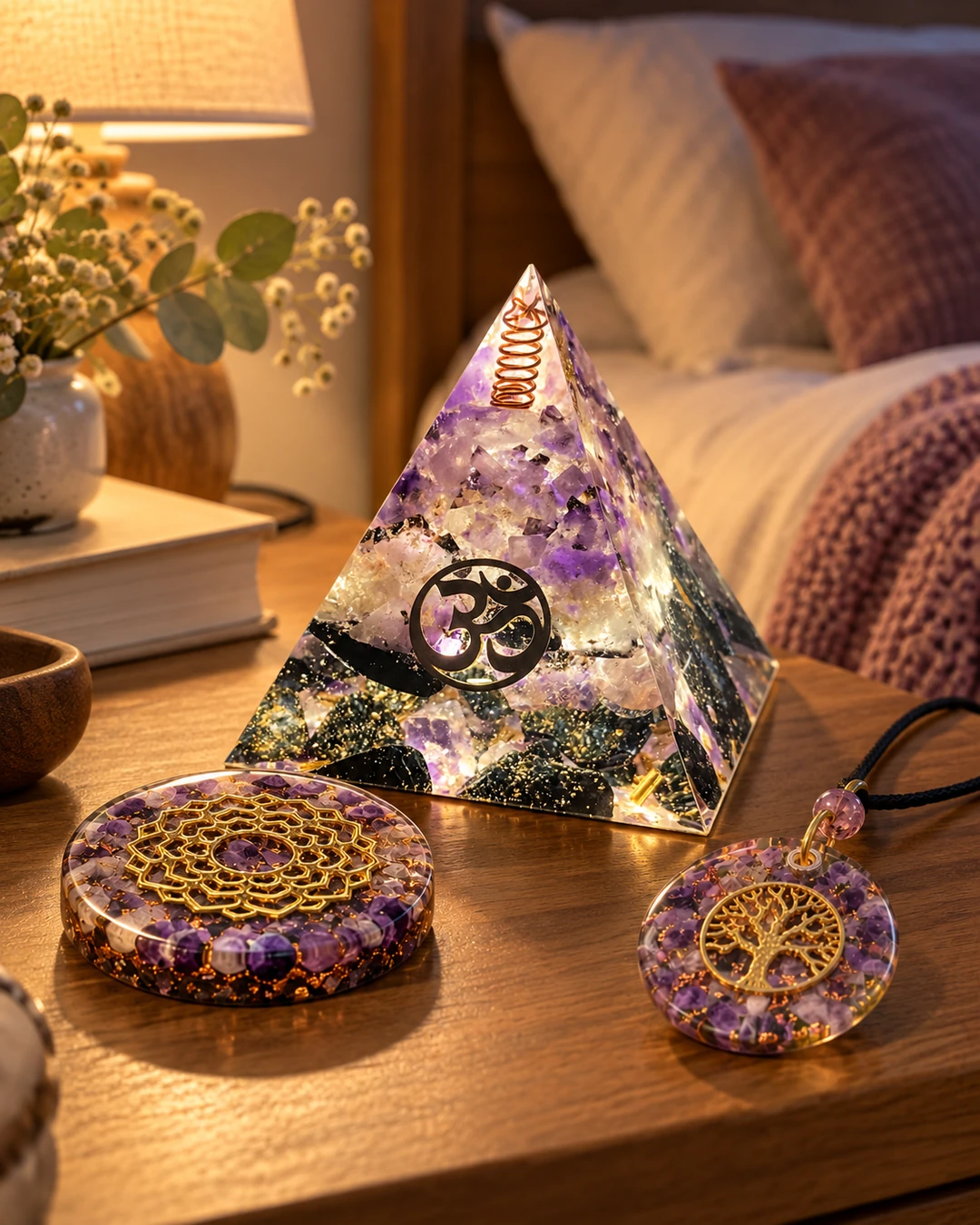 Orgonite dans la chambre pour mieux dormir Orgonite posée dans une chambre apaisante près d’un lit