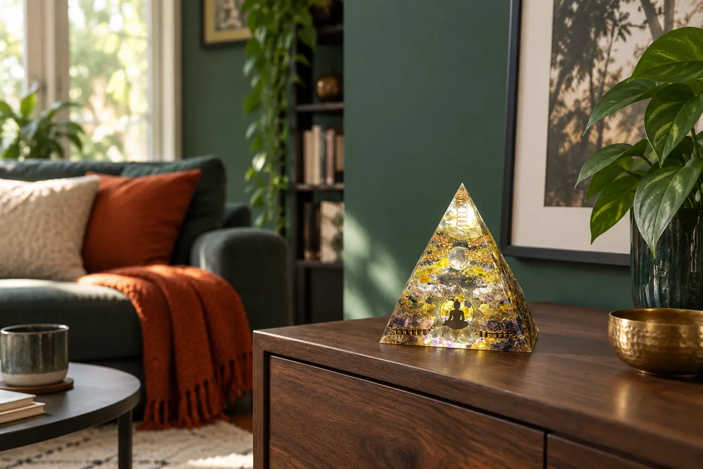 Maison apaisée avec une orgonite sur une table en bois, ambiance douce et protectrice