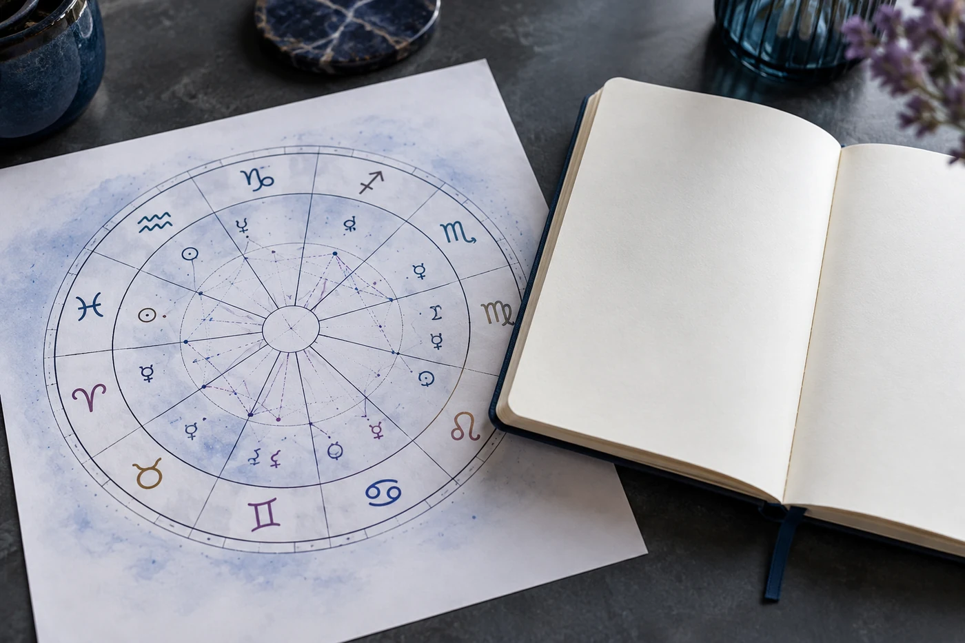 Carnet de notes ouvert à côté d’un thème astral pour évoquer les questions posées pendant l’entretien. Illustration générée par IA