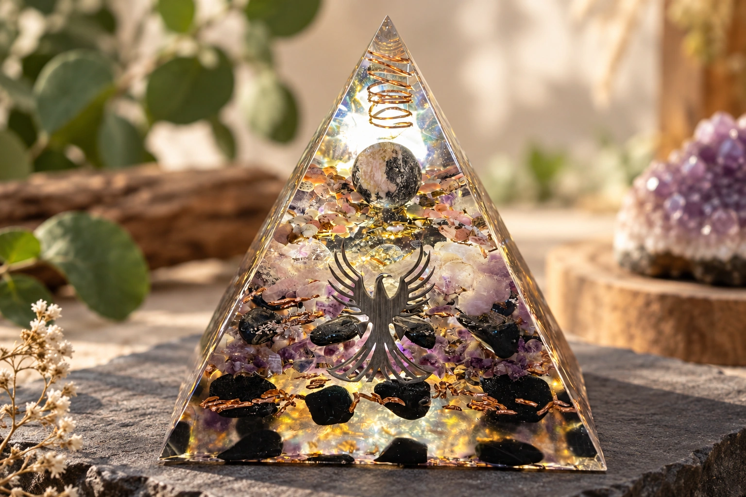 Pyramide orgonite observée dans son ensemble avec ses pierres, couleurs et symboles