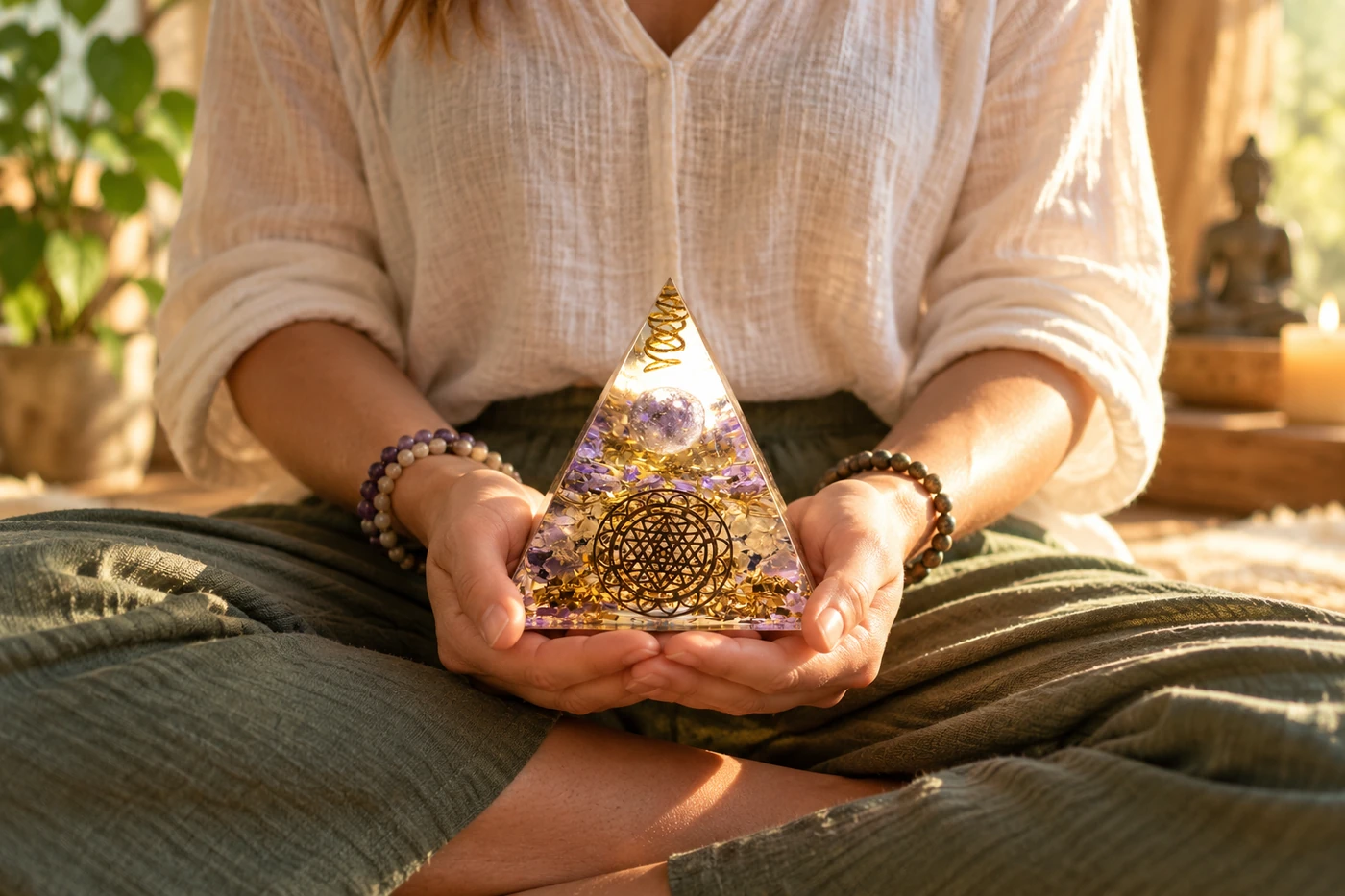 Pratiquer la méditation avec orgonite Méditation avec orgonite tenue dans les mains