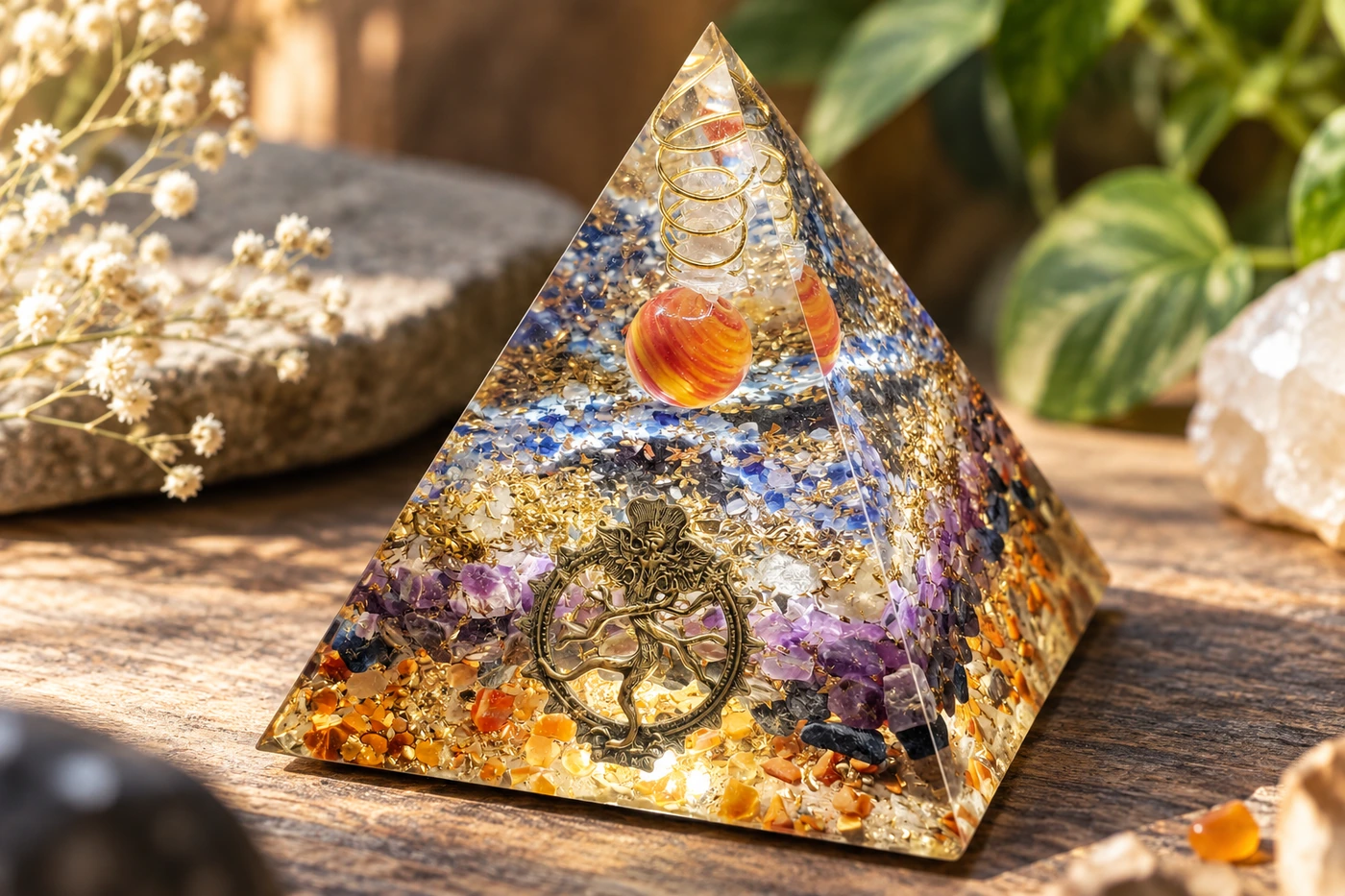 Vue d’ensemble d’une orgonite composée de plusieurs pierres et éléments symboliques