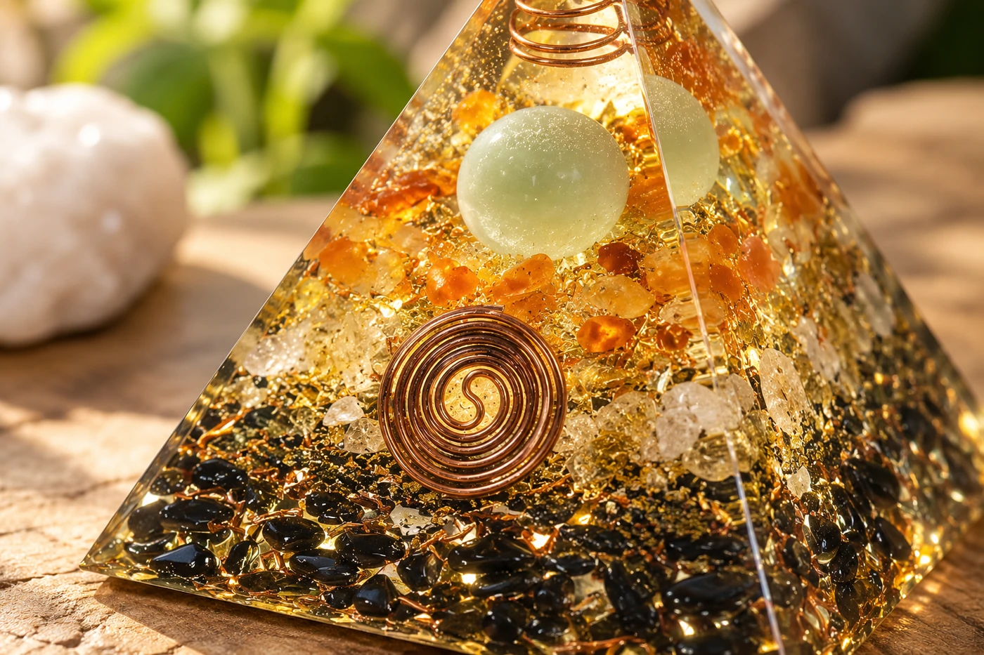 Pyramide orgonite composée de plusieurs pierres permettant d’en observer l’intention