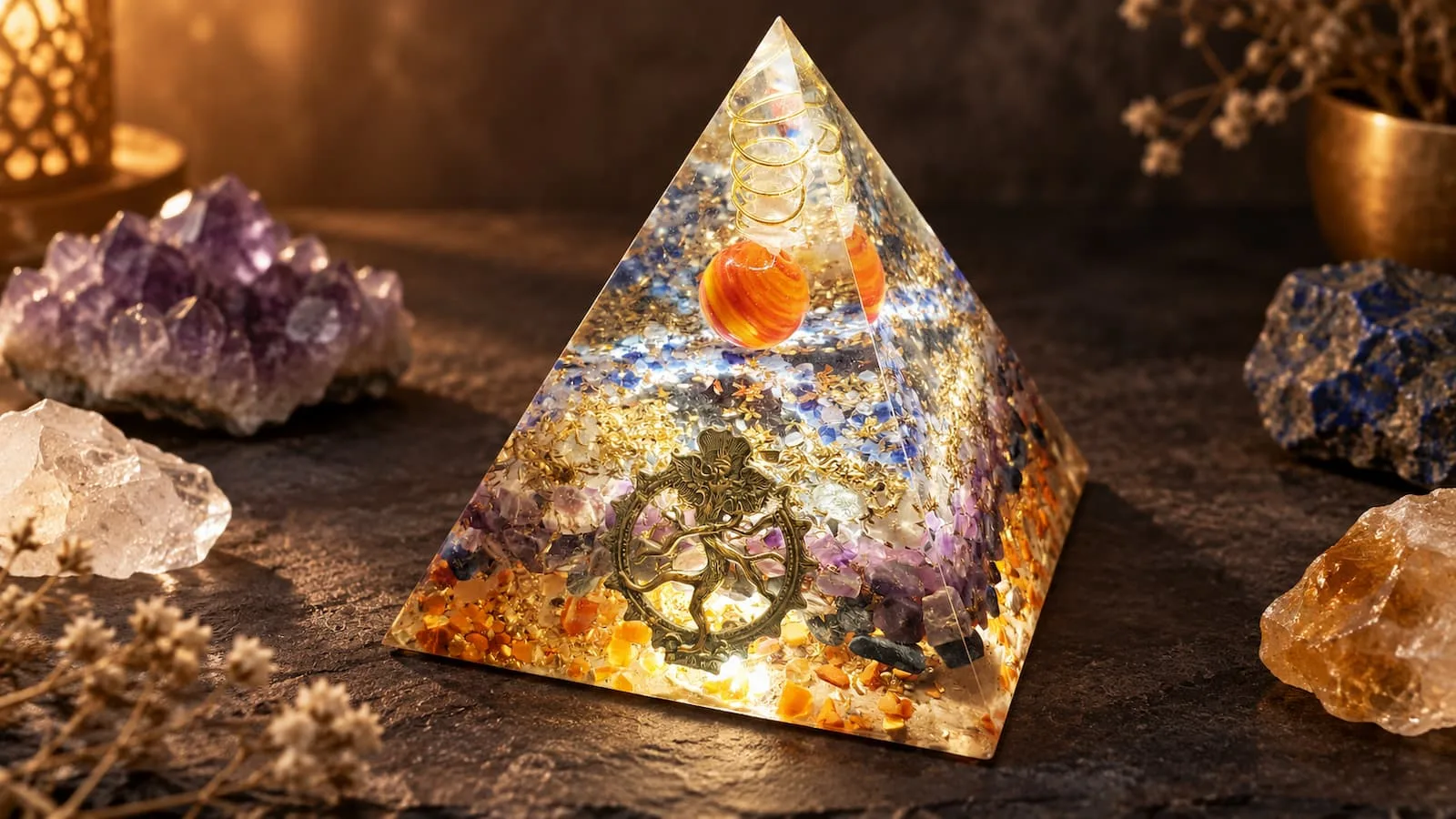 Orgonite artisanale dans une composition chaleureuse avec pierres naturelles et lumière douce
