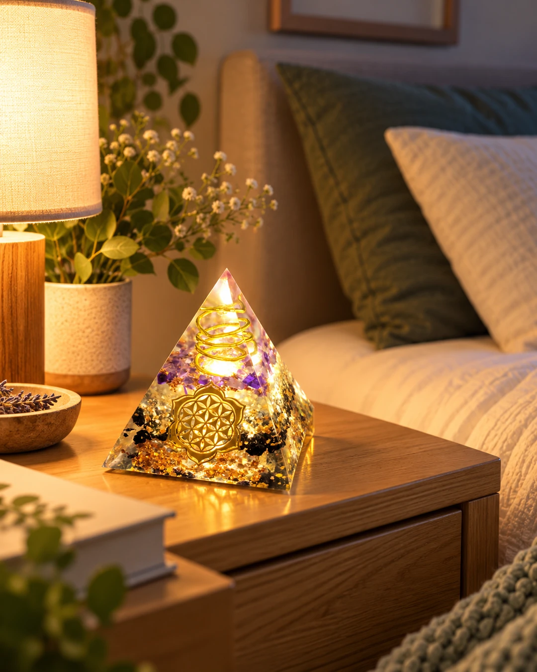 Où placer une orgonite près du lit Orgonite posée sur une table de nuit dans une chambre calme