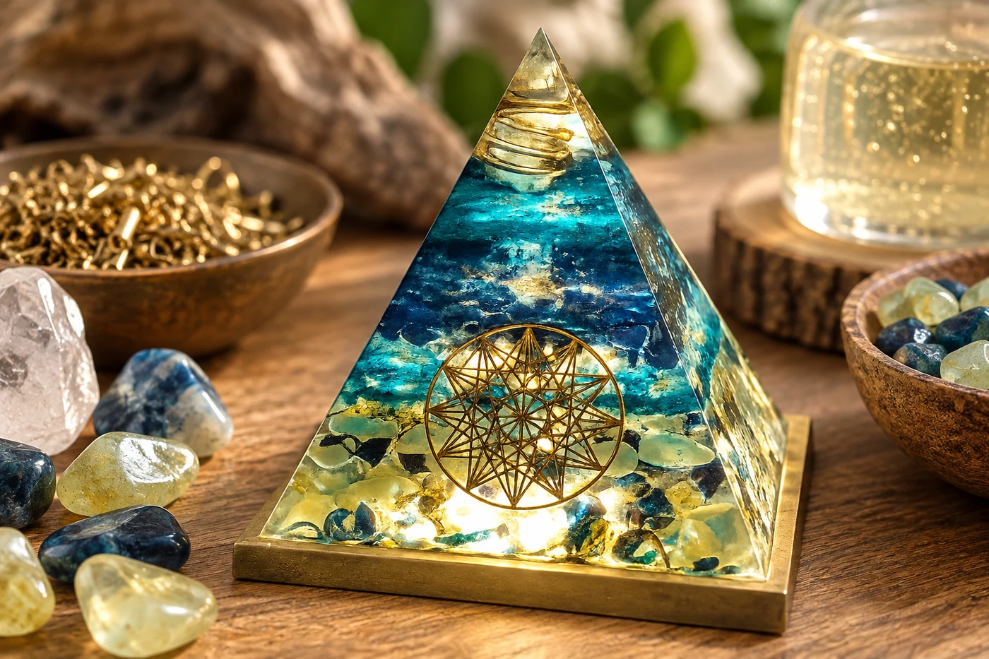 Composition d’une orgonite avec pierres, résine et métal
