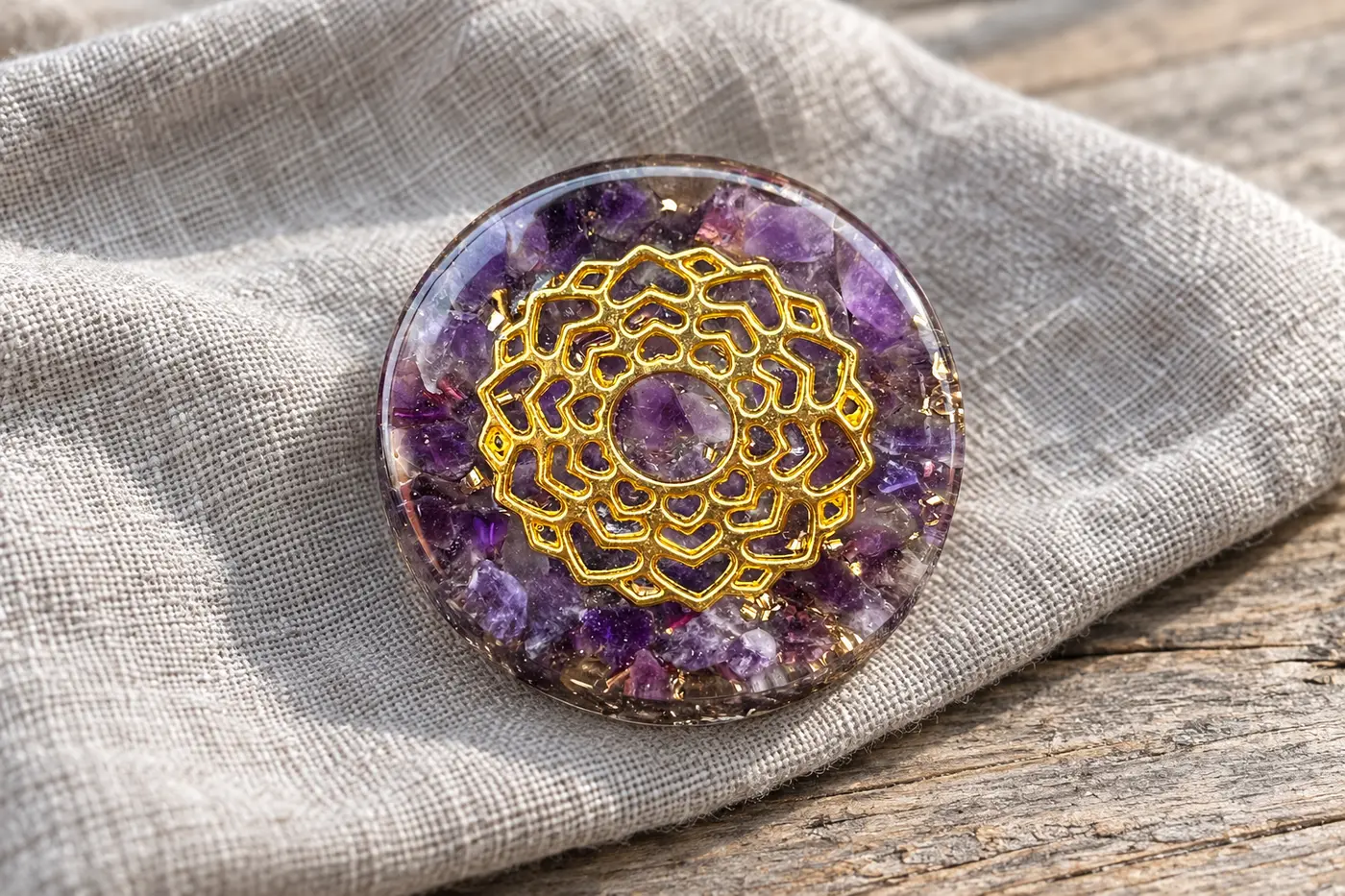 Orgonite de poche compacte posée sur un tissu naturel, ambiance douce et nomade