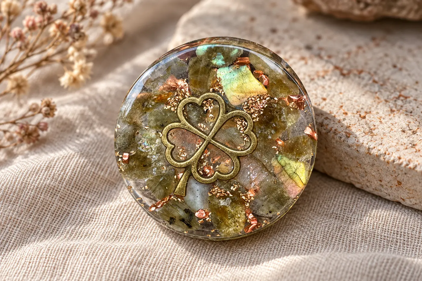 Petite orgonite aux couleurs douces, mise en valeur comme objet d’intention et de protection symbolique