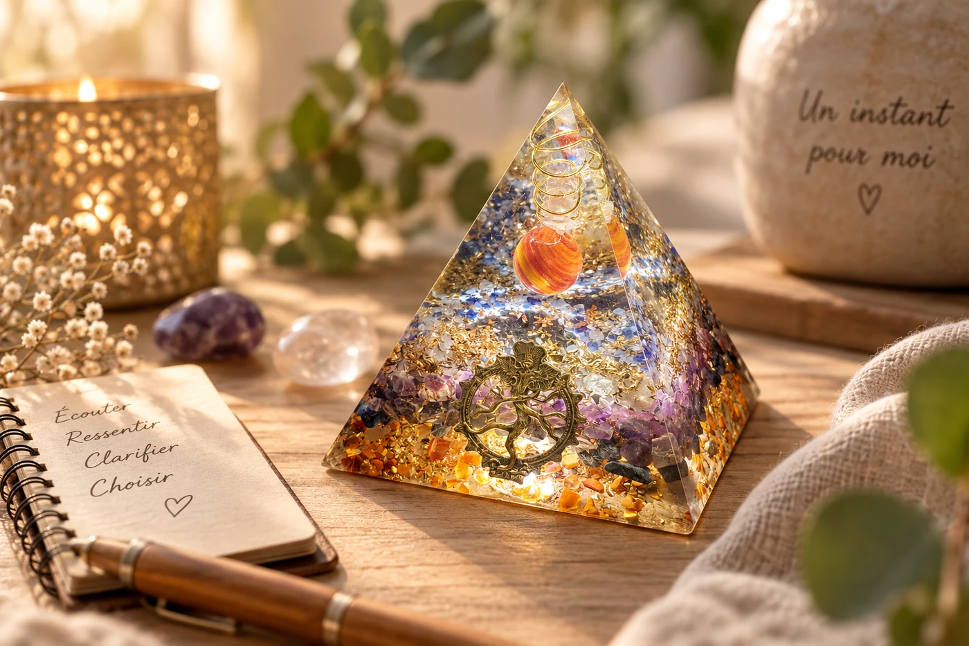 Pyramide orgonite posée dans une ambiance douce et apaisante