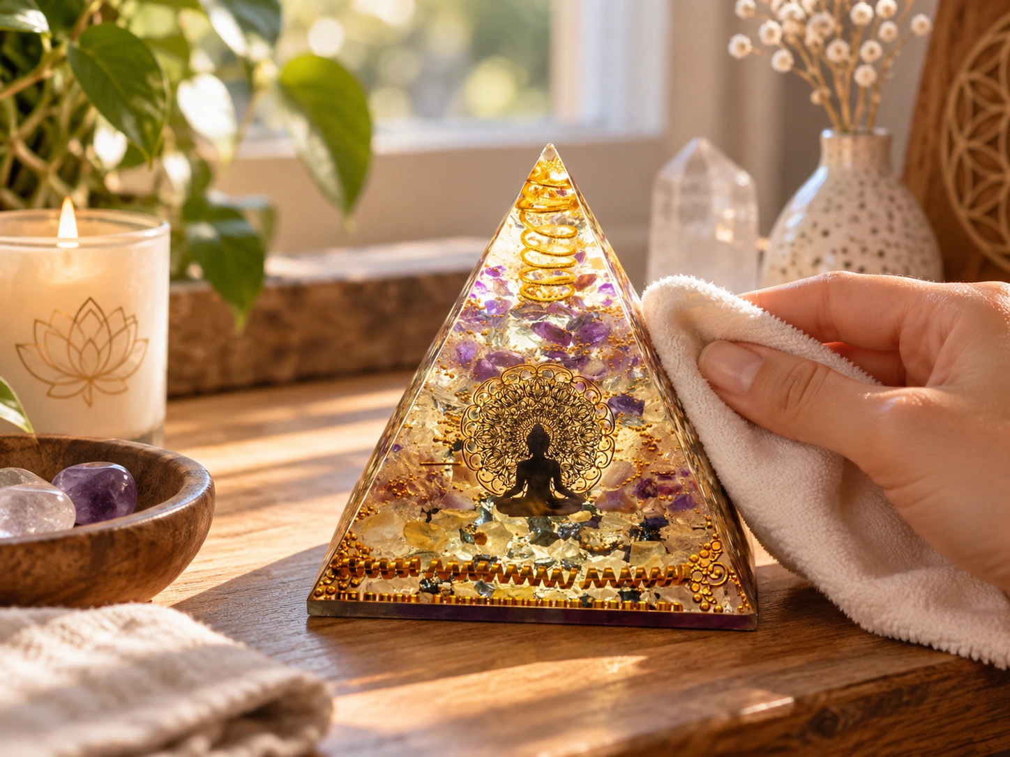Orgonite entretenue dans un intérieur calme avec pierres douces et lumière naturelle