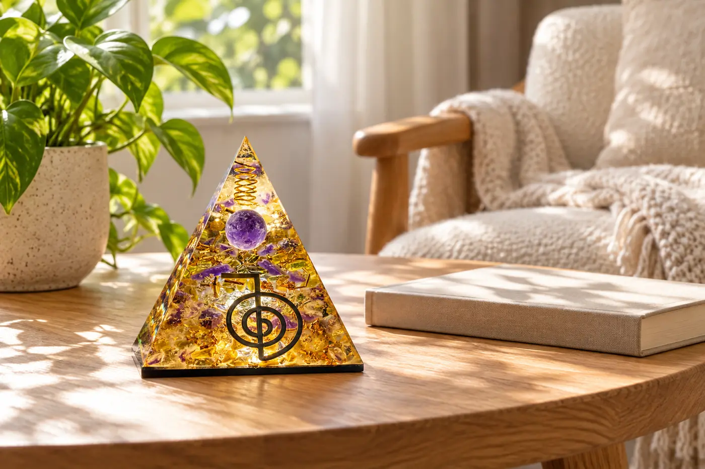 Pyramide orgonite installée dans un espace calme de la maison. Pyramide réelle mise en scène dans un environnement généré par IA
