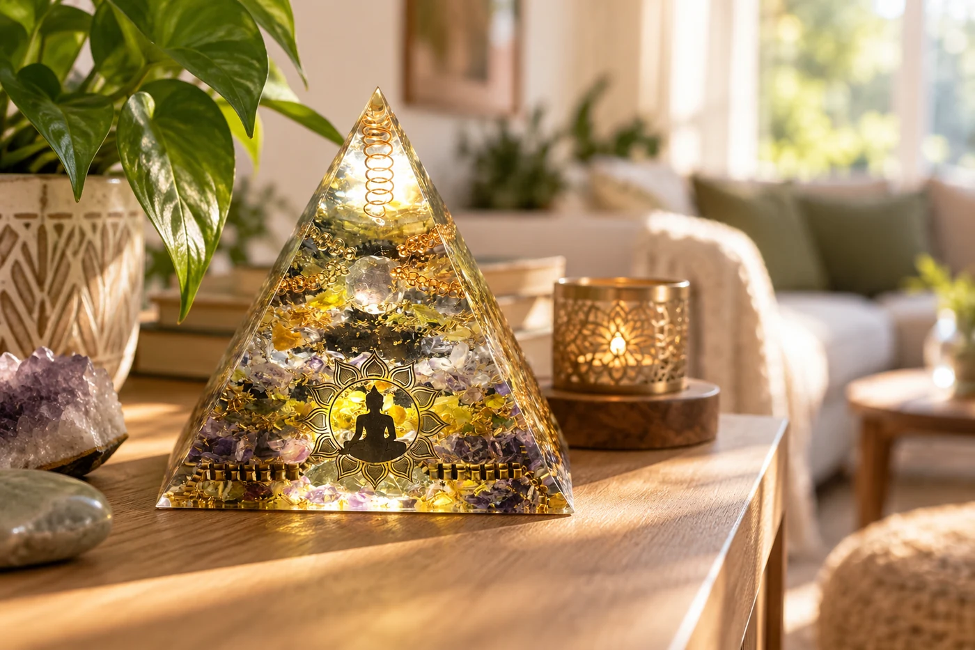 Orgonite placée dans un espace de vie lumineux et apaisant