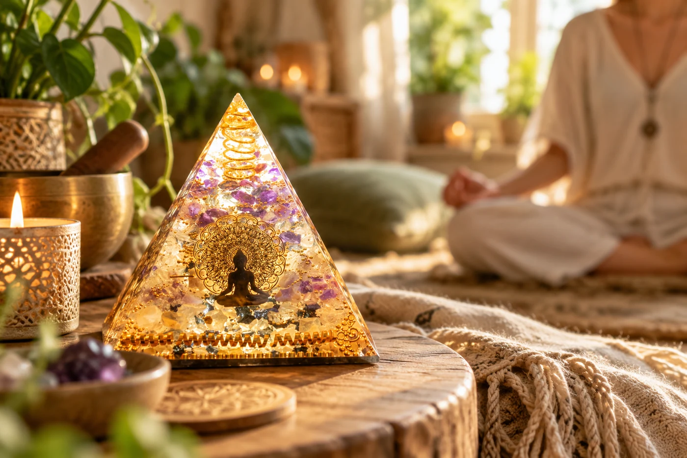Orgonite et méditation dans une ambiance douce Orgonite posée dans un espace de méditation apaisant