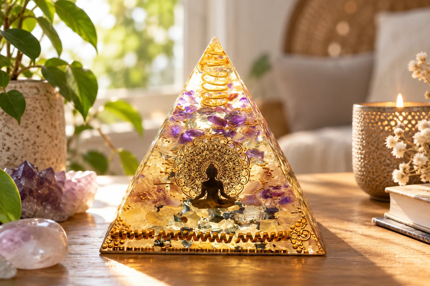 Orgonite artisanale aux couleurs douces dans une ambiance harmonieuse