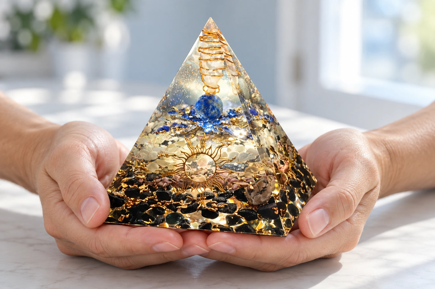 Pyramide orgonite personnalisée OrgoNath soutenue par deux mains au-dessus d’une table. Pyramide réelle mise en scène dans un environnement généré par IA.