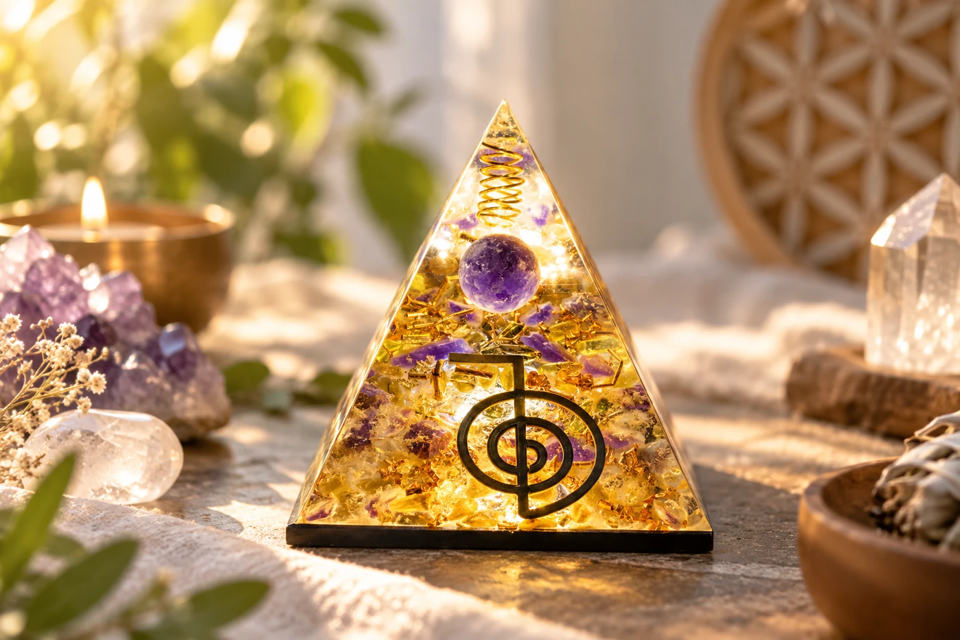 Orgonite posée dans une lumière douce avec une ambiance de purification énergétique
