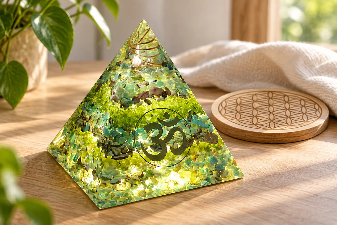 Orgonite près d’un support symbolique avec lumière naturelle et ambiance apaisante