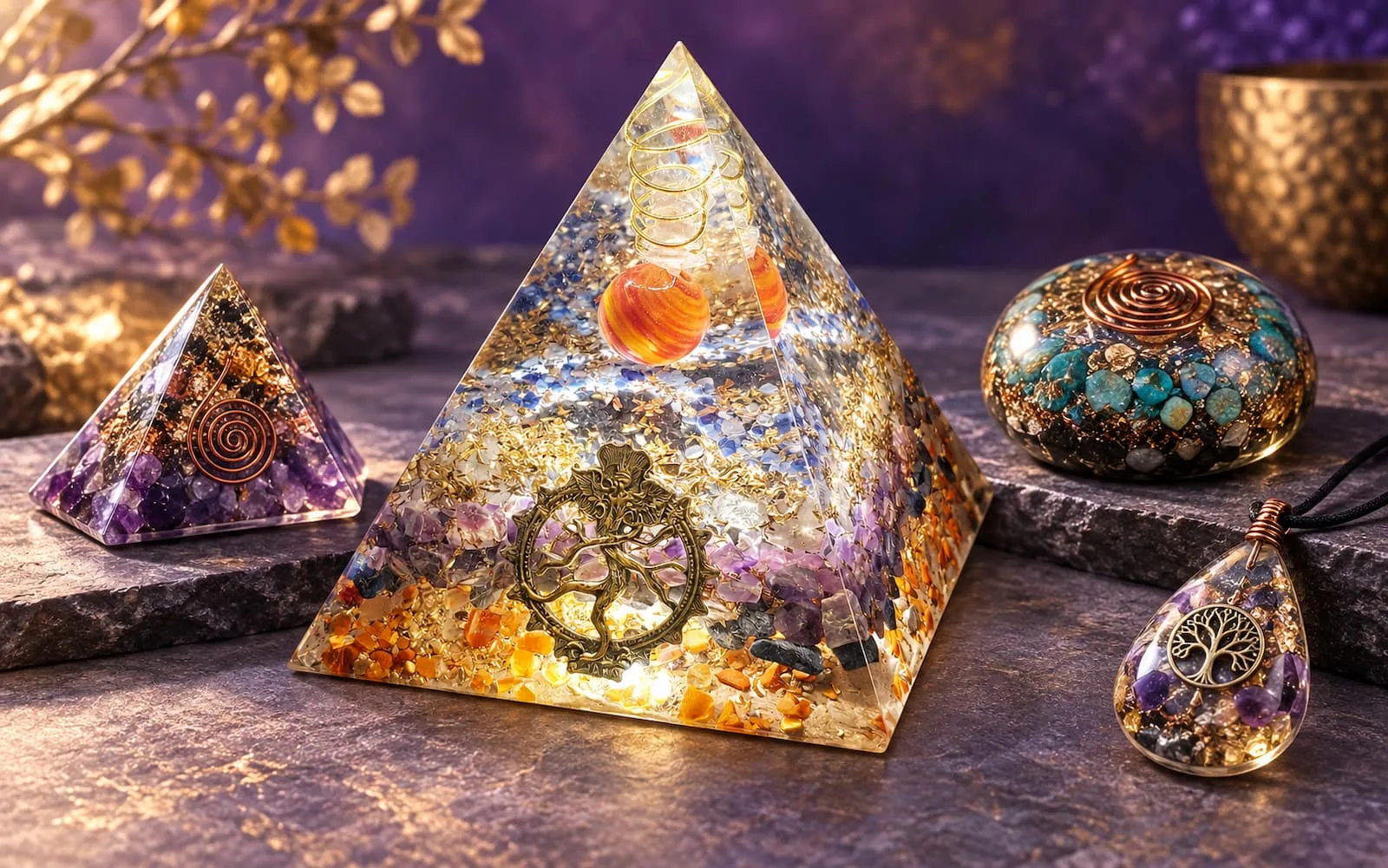 Différentes orgonites illustrant des intentions variées avec pierres et couleurs