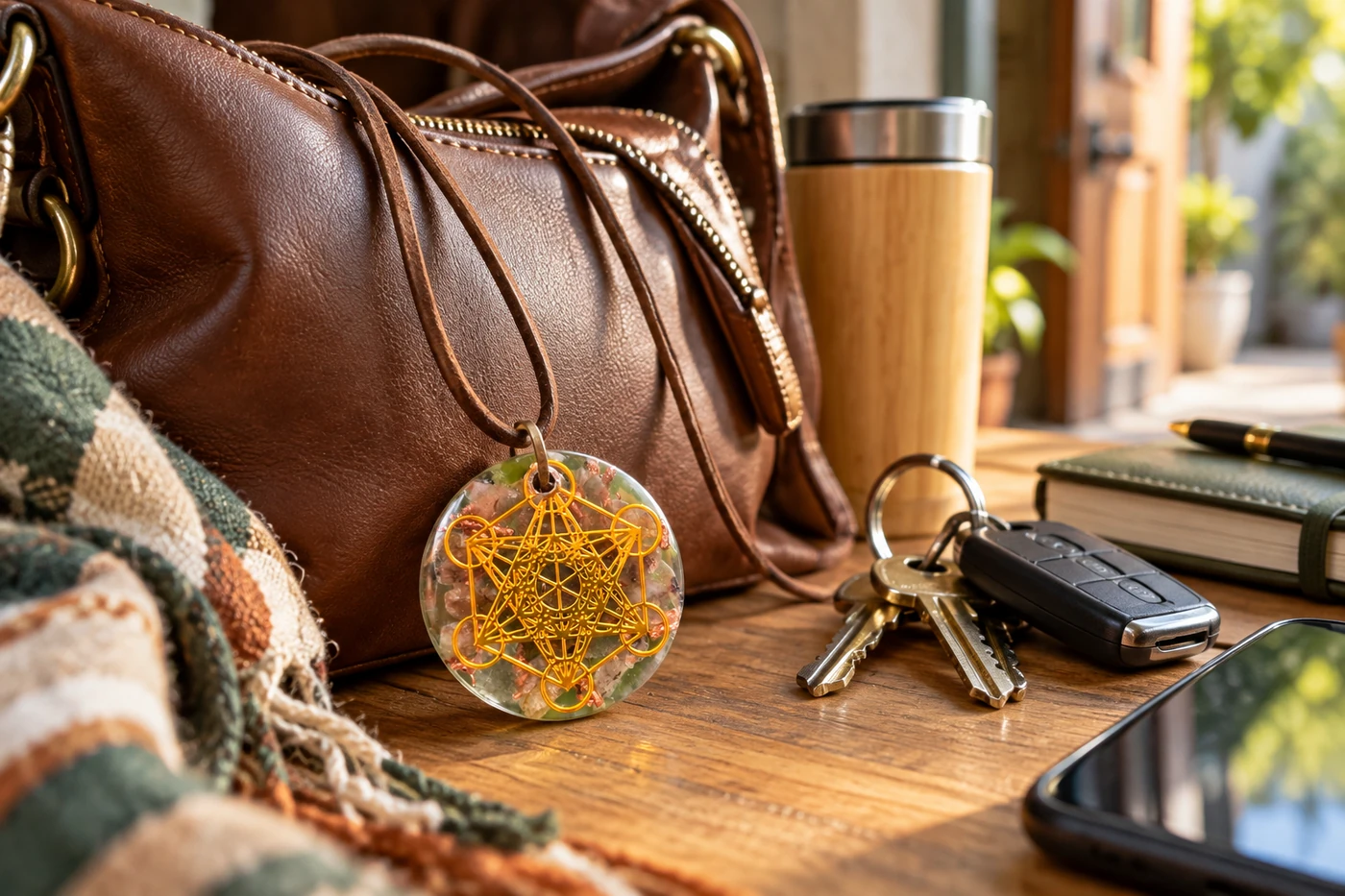 Pendentif orgonite posé près d’un sac et de clés avant un déplacement