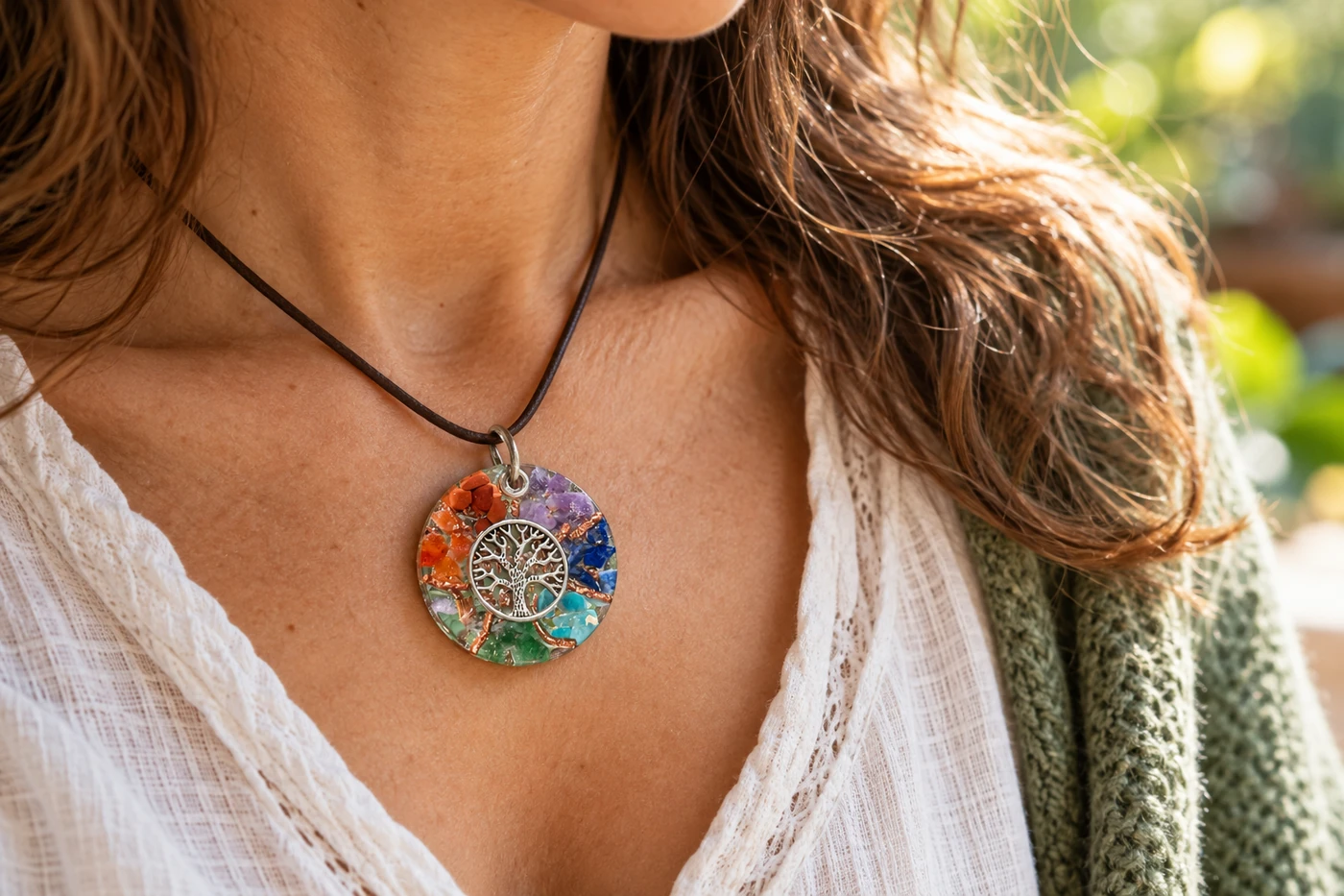 Pendentif orgonite porté au quotidien dans une ambiance douce et naturelle