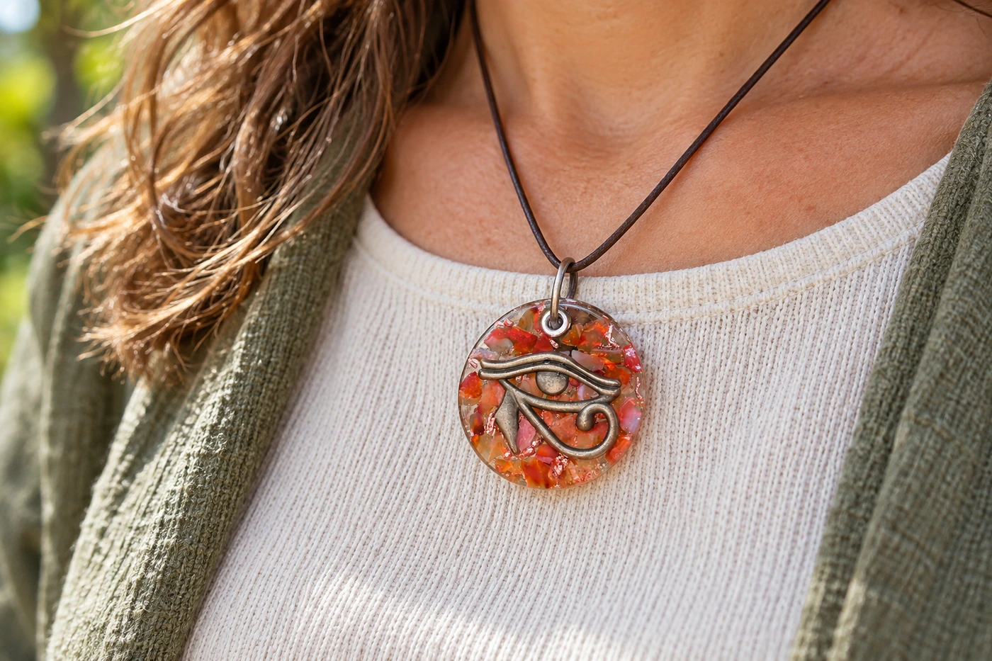Pendentif orgonite porté sur un vêtement avec son cordon