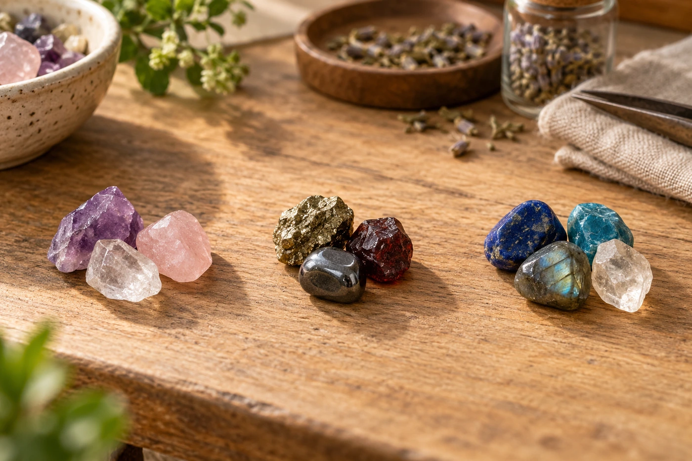 Plusieurs pierres naturelles permettant d’identifier différentes intentions dans une orgonite
