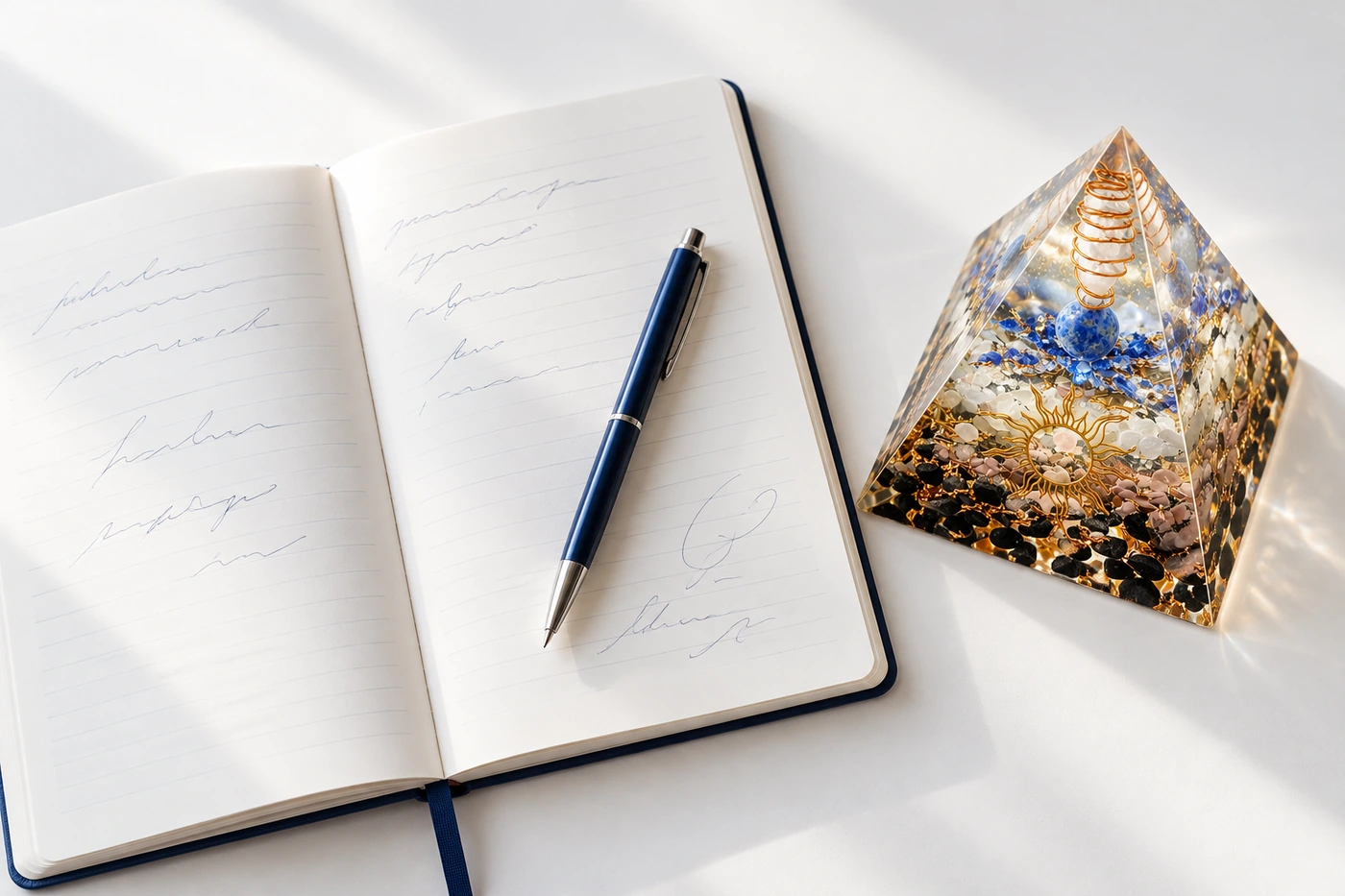 Vue du dessus d’une pyramide orgonite OrgoNath près d’un carnet ouvert et d’un stylo. Pyramide réelle mise en scène dans un environnement généré par IA.